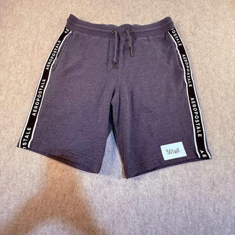 Aeropostale Mens Fleece Sweat Shorts Gray Logo Tape Side Stripe Drawstring Small